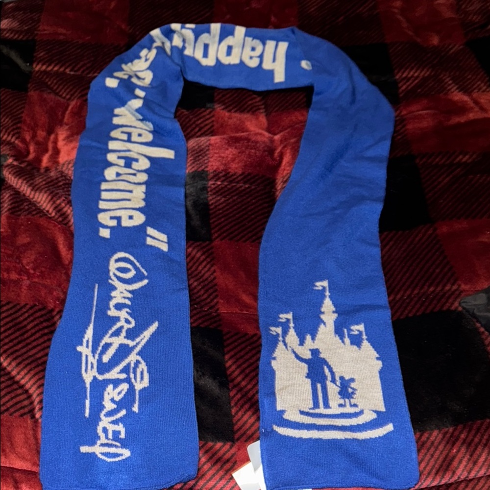 Blue Scarf with Walt and Mickey in front of the Castle Design.